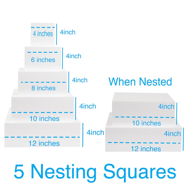 SilverlakeLLC Silverlake 5-Tier Square Cake Dummy Set - Nesting 4"H x 4,6,8,10 & 12"W Blocks for Styrofoam Baking Display Projects - Image 5